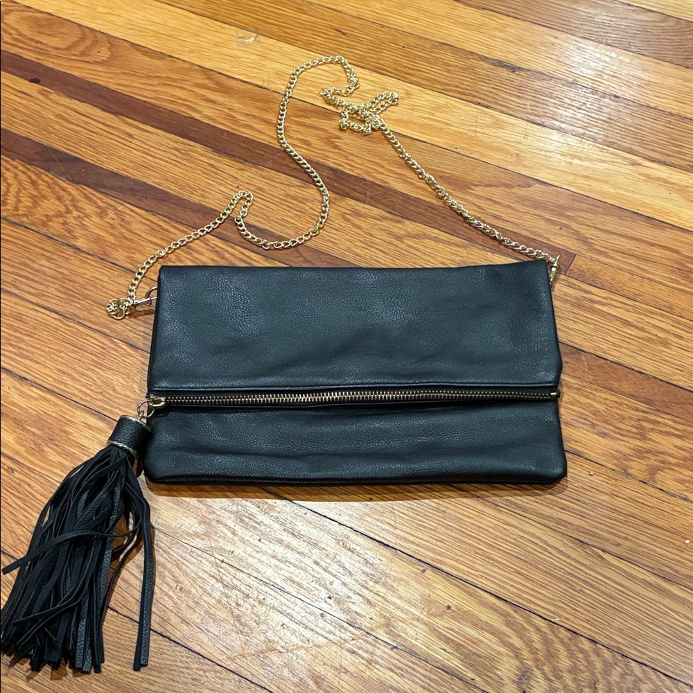 Black Leather Clutch with Gold Chain